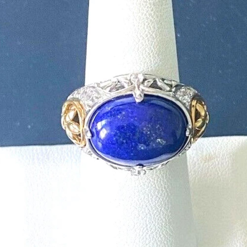 925 Sterling Silver Lapis Lazuli & White Topaz Fleur De Lis Boutique Ring 8.5